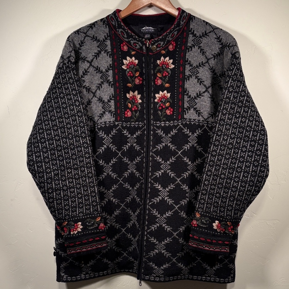 Icelandic Design wool sweater polyester lined full zip 2 side pockets y2k
